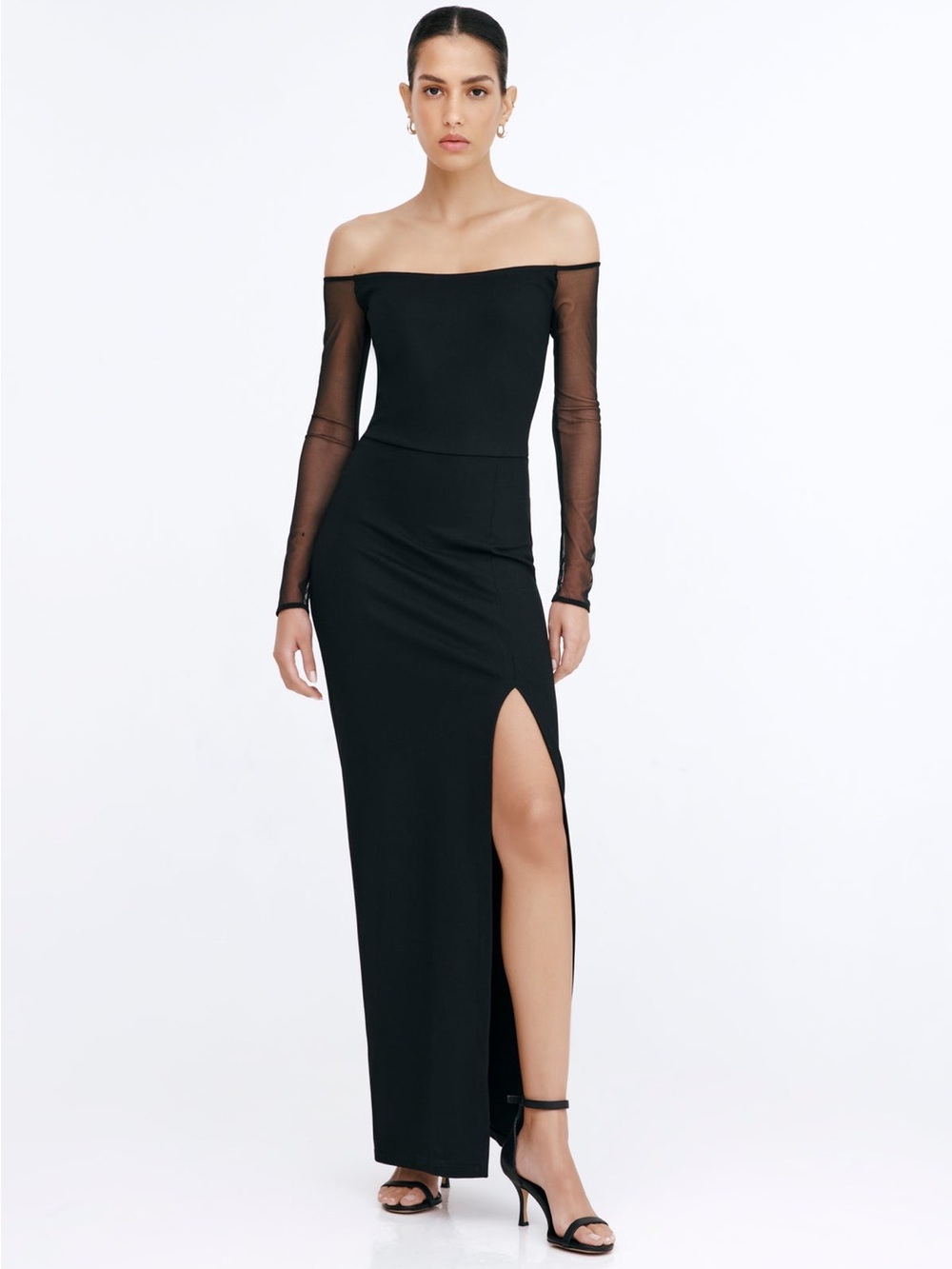 Marcella Off-Shoulder Marian Black Maxi Dress with Sheer Long Sleeves. NWOT